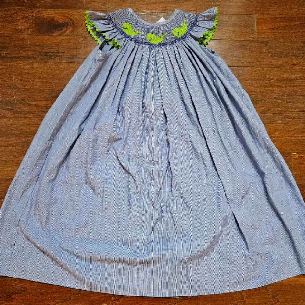 "Castles and Crowns" brand, whale smocked dress, Blue and green.